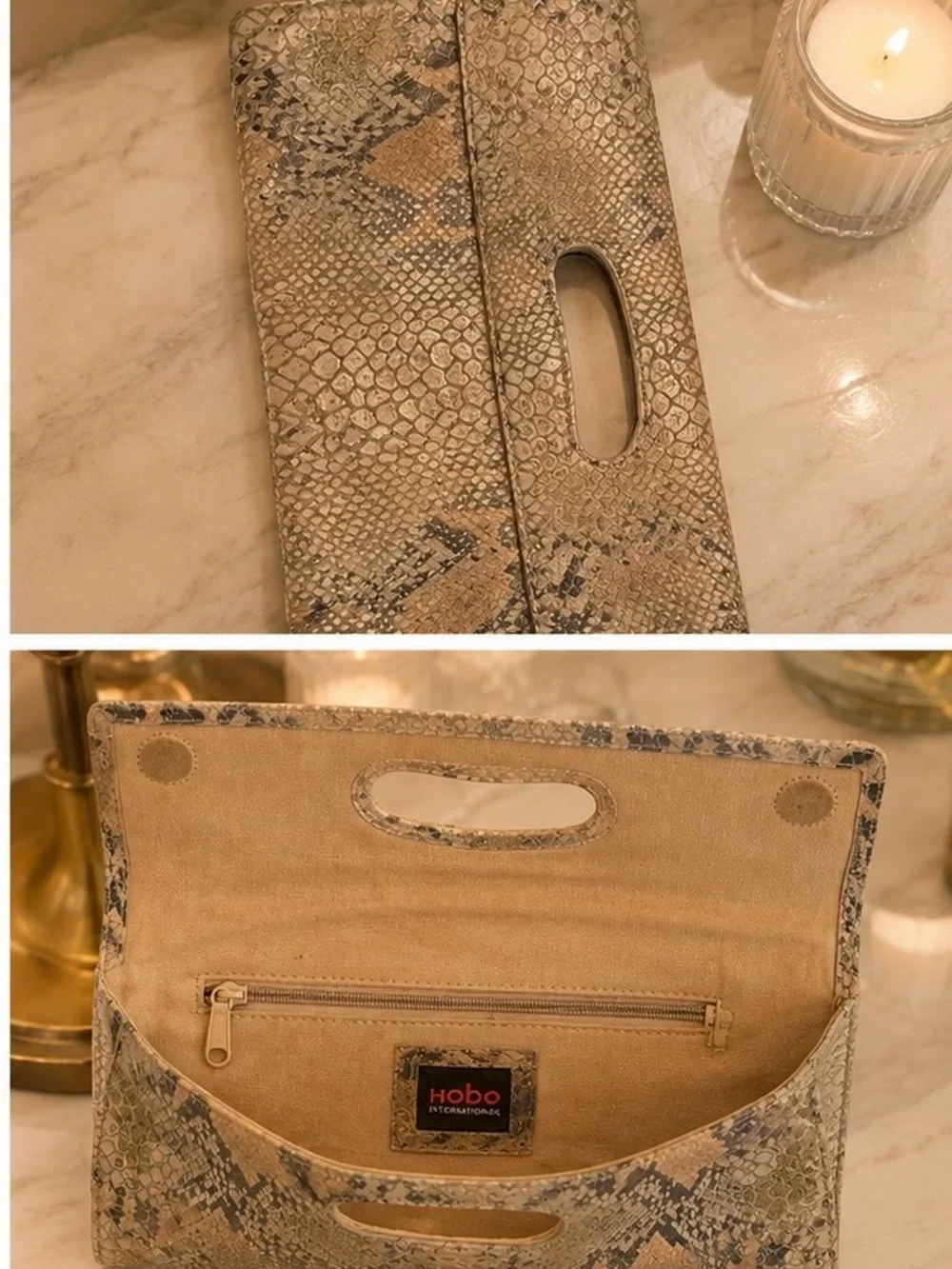 HOBO Tan Snake-Print Leather Clutch with Cutout Handle